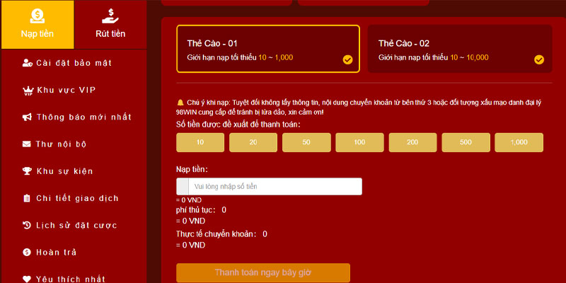nạp tiền 98win bằng thẻ cào
